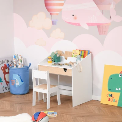 HOMCOM Escritorio para Niños con Silla de 3 a 6 Años con Cajón y Estante para Libros 70x50x75 cm Blanco y Natural