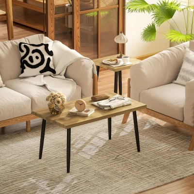 HOMCOM 2er-Set Kaffeetische, Großer und kleiner Tisch mit Metallrahmen und Holzplatte, Flexible Couchtische, Naturholz
