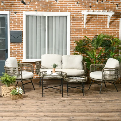 Outsunny Gartenmöbel-Set für 4 Personen aus PE-Rattan, 2 Sessel, 1 Sofa, 2 Beistelltisch, Boho-Stil, Braun+Grau