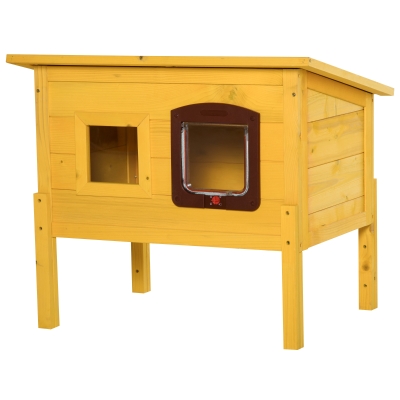 PawHut Maison pour chat en bois niche d’extérieur toit résistant à l’eau avec porte et fenêtre jaune