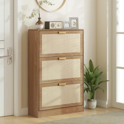 HOMCOM Scarpiera per 18 Paia di Scarpe 3 Cassetti Legno e Rattan