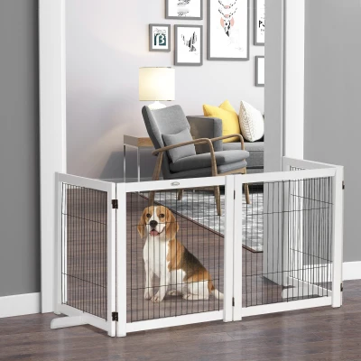 PawHut Barrera de Seguridad para Perros Plegable 264x77 cm de 4 Paneles con Patas y Marco de Madera para Puertas Escaleras