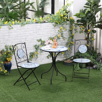 Outsunny Ø 61 cm Garten Sitzgruppe für 2 Personen Bistro-Set Garnitur 1 Tisch+2 faltbare Stühle Stahl Blau