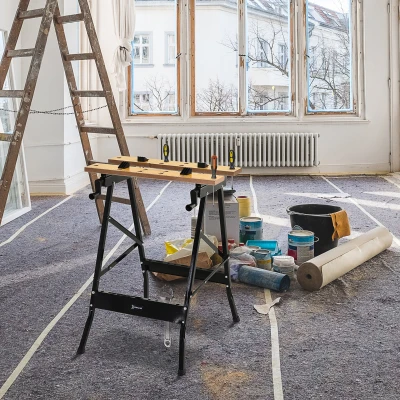 DURHAND Mesa de Trabajo Plegable Banco de Trabajo con Abrazadera 2 Manivelas Como Caballete de Sierra Carpintero Hierro MDF Soporta 100 kg 60,5x62,5x78,5 cm Natural y Negro
