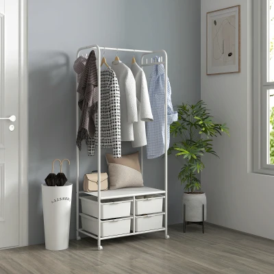 HOMCOM Perchero Zapatero con Ruedas para Recibidor con 8 Ganchos 4 Cestas para Zapatos y Marco de Acero 63x37x153 cm Blanco