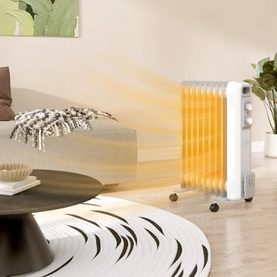 HOMCOM Radiador de Aceite Silencioso de 9 Elementos 2000W con Temperatura Ajustable Protección contra Sobrecalentamiento Blanco