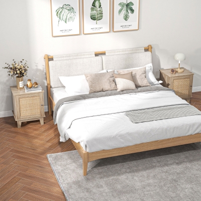 HOMCOM Bedside Table Set of 2 Rattan Storage Natural