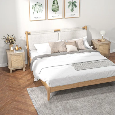 HOMCOM Bedside Table Set of 2 Rattan Storage Natural