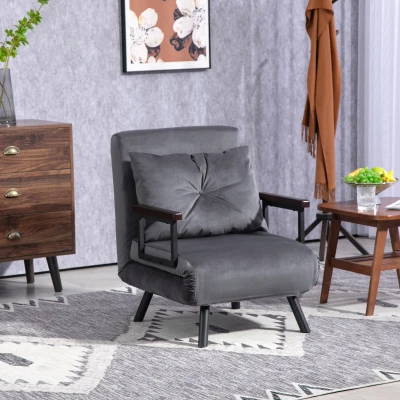 HOMCOM 4-in-1 Velvet Single Chair Bed with Pillow Charcoal Grey
