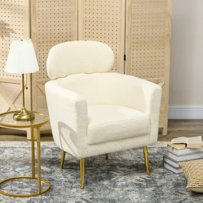 HOMCOM Sillón de Salón Sofá Individual con Reposacabezas y Patas de Metal para Dormitorio Oficina Carga 125 kg Crema