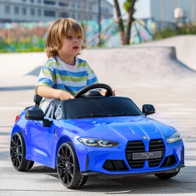 AIYAPLAY Coche de Batería para Niños 12V BMW M4 con Mando a Distancia Faros Bocina Música Velocidad 3-5 km/h Azul