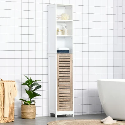kleankin Badezimmer Hochschrank Freistehender Badezimmerschrank Badschrank Badmöbel mit 3 offenen Regalen Schrank verstellbarem Regal Stauraum Weiß 34 x 26 x 172 cm