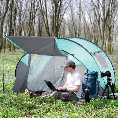 Outsunny Tente Camping Pop-Up 4 Pers Bleu/Gris 286cm