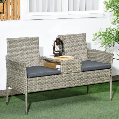 Outsunny Rattan Two-Seat Chair with Table Light Grey