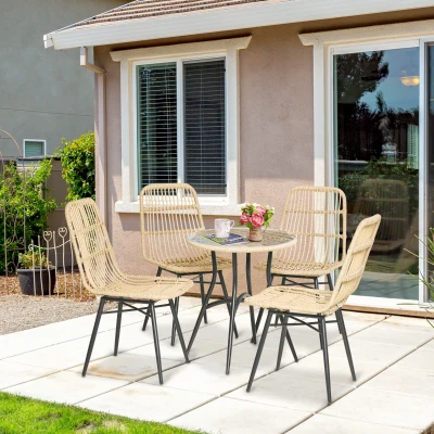 Outsunny 5-tlg. Polyrattan Gartenmöbel Set Essgruppe Esstisch mit 4 Stühlen Gartensitzgruppe mit Beistelltisch Gartenset Outdoor Metall Natur