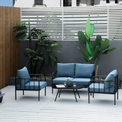 Outsunny Salon Jardin 4Pcs Canapé+Fauteuils Table Métal Bleu/Noir