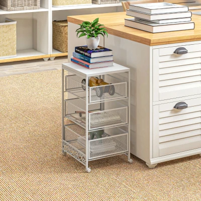 HOMCOM Carrito de Almacenamiento con Ruedas de 3 Niveles con 3 Cesta de Almacenamiento para Salón Comedor 34x29,5x57,5cm Blanco