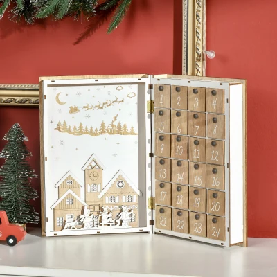 HOMCOM Calendario Avvento in Legno a Forma di Libro con Scritte Motivi