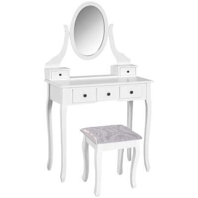 HOMCOM Tocador + Taburete y Espejo Mesa Maquillaje 5 Cajones Mesa MDF Estilo Colonial (Blanco)