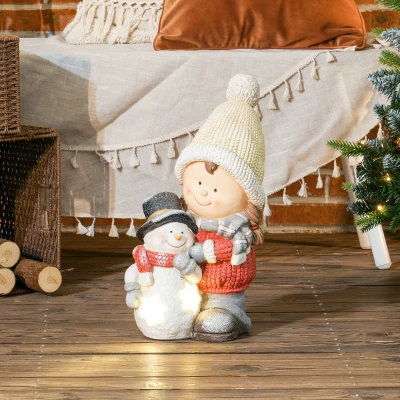 HOMCOM Wichtel mit Schneemann, Gartenzwerg, 4 LEDs, batteriebetrieben, 25 x 18 x 45,5 cm
