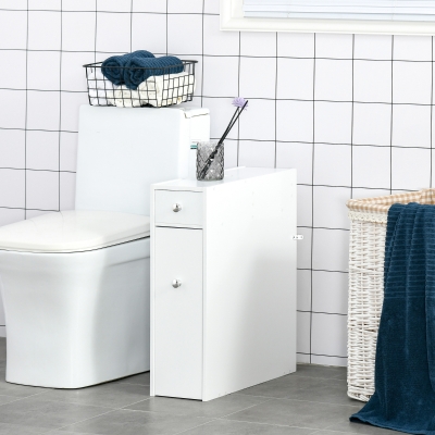 HOMCOM Mueble Auxiliar de Baño Estrecho con 2 Cajones y Compartimiento Superior con Tapa para Lavabo 17x48x58 cm Blanco