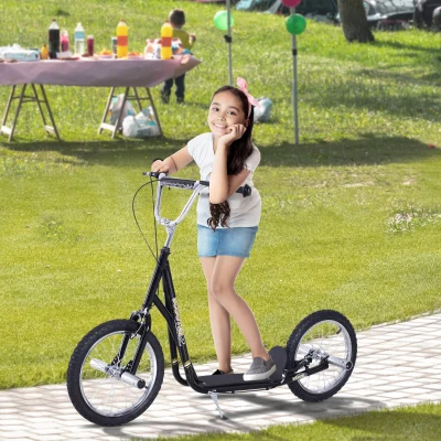 HOMCOM Patinete Scooter para Niños de +5 Años con Neumáticos Inflables Grandes de 16 Pulgadas con Frenos y Manillar Ajustable en Altura 143x58x92-100 cm Negro