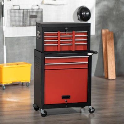 DURHAND Carro de Taller para Herramientas con Ruedas 6 Cajones Armario con Cierre y Asa Lateral 70x33x108cm Negro y Rojo