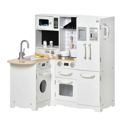 HOMCOM Cocina de Juguete de Madera para Niños de +3 Años con Sonidos 14 Accesorios Cocinita Infantil con Teléfono Fregadero Extraíble Microondas y Grifo 82x65x87 cm Blanco(m-1)