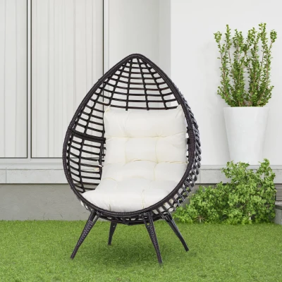 Outsunny Rattansessel in Tropfenform, Gartensessel mit Sitzkissen, Erhöhter Rattanstuhl, Stahl, Braun, 101 x 89 x 156 cm