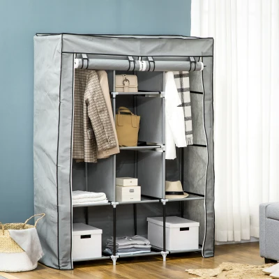 HOMCOM Schrank aus Stoff, Aufbewahrungslösung, 8 Regale, 2 Kleiderstangen, Grau