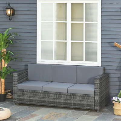Outsunny Poly-Rattan Sofa mit Kissen 3-Sitzer Garten Loungesofa Metall Polyester Grau 185 x 70 x 80 cm