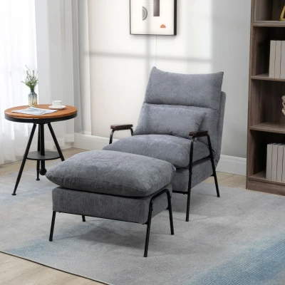 HOMCOM Sessel mit Ottomane Polstersessel Relaxsessel, inkl. Kissen, 68 cm x 91,5 cm x 88 cm, Hellgrau