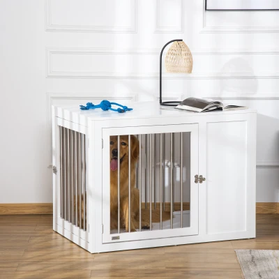 PawHut Dog Crate End Table with Locks for Medium Dogs - White