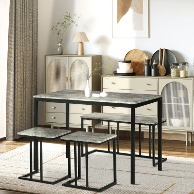 HOMCOM Essgarnitur, 4-teilig, Tisch, 2 Hocker und Bank, kompakt, Metallrahmen, Grau