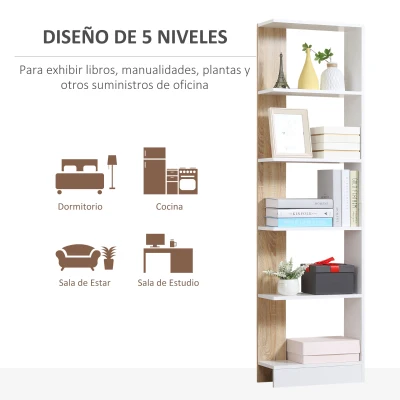 HOMCOM Estantería de Almacenaje con 5 Estantes Librería Multiusos para Estudio Oficina con Base Elevada Diseño Elegante 45x21x170 cm Blanco y Roble(m-6)