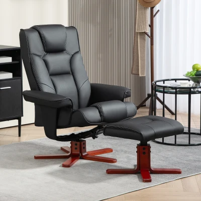 HOMCOM Faux Leather Recliner Set with Footstool - Black