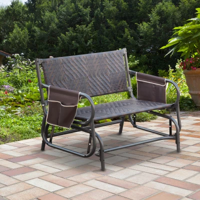 Outsunny Panchina a dondolo 122cm x 75cm x 88cm Rattan marrone, Struttura nera