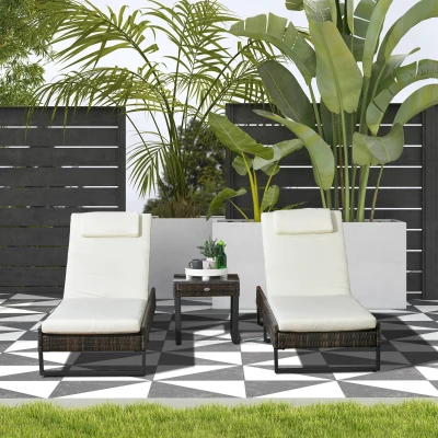 Outsunny Reclining Lounger Set with Glass-Top Table Cream