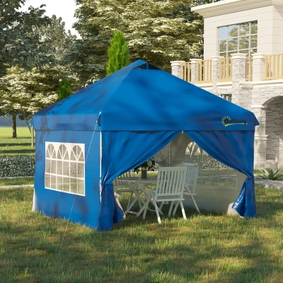 Outsunny Pavillon 3x3m Faltpavillon 4 Seitenwände mit Fenster Tür Festzelt Gartenzelt Pop-Up-Pavillon inkl. Heringe Abspannseile Tragetasche Metall Oxford Blau
