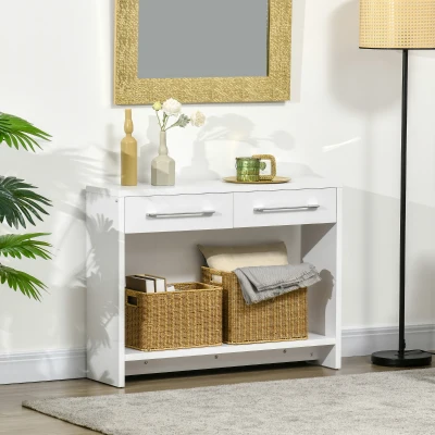 HOMCOM Mueble Recibidor de Entrada Mesa Consola con 2 Cajones y Estante para Pasillo Salón 101,6x28x76,2 cm Blanco