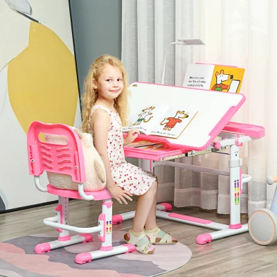 HOMCOM Escritorio y Silla para +6 Años con Altura Ajustable e Inclinable 80x49,5x82-104 cm y 35,5x43,5x63-73 cm Rosa