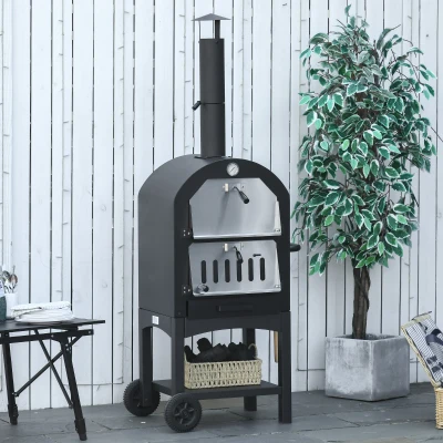 Outsunny 2-In-1 Pizzaofen Outdoor mit Rollen Grillofen mit Schutzhülle Pizzaschaufel 2 Grillnetzen Grillwagen mit Schornstein 3-Tier Holzbackofen für BBQ Stahl Schwarz+Silber 63 x 54 x 161 cm