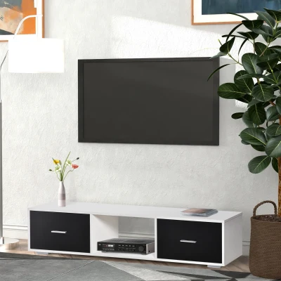HOMCOM Mueble de TV para Televisores de hasta 60" Mesa para TV de Salón Estilo Moderno con 2 Cajones y Compartimento Abierto 140x30x32 cm Blanco y Negro