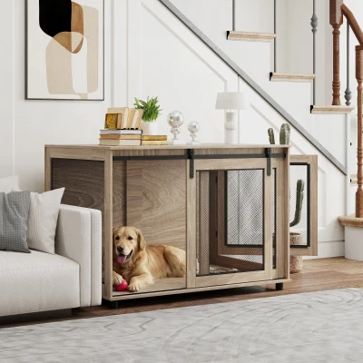 Dog Crate Furniture 118W x 75.5D x 82Hcm Walnut brown