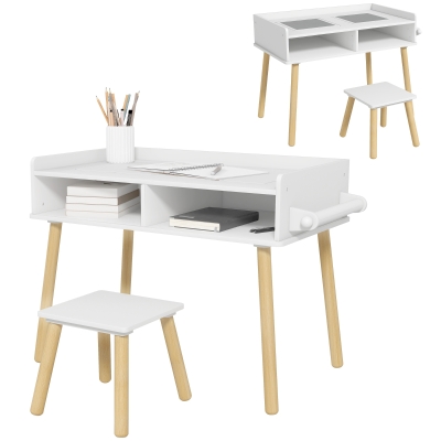 HOMCOM Juego de Mesa y Silla Infantil Mesa para Niños con Tablero de Bloques de Construcción y Rollo de Papel Blanco