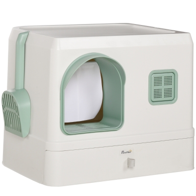 PawHut Cat Litter Box, Hooded Cat Litter Tray, with Drawer Pan, Scoop, Deodorants