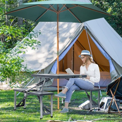 Outsunny Mesa Maleta de Camping Plegable Portátil 4 Asientos y Agujero Sombrilla Estructura Aluminio Playa Picnic 136x84,5x66 cm (Gris)