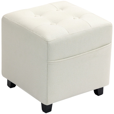 HOMCOM Reposapiés de Salón Taburete Bajo Tapizado en Lino con Bolsillo Lateral y Tapa con Botones Acolchados Crema