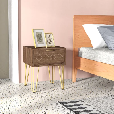 HOMCOM Wooden Bedside Table with Drawer, Gold Legs