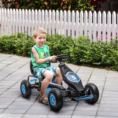 HOMCOM Kinder-Gokart, mit Pedalen, verstellbarem Sitz, In- und Outdoor, ab 5 Jahren, blau+schwarz, 121 x 58 x 61 cm